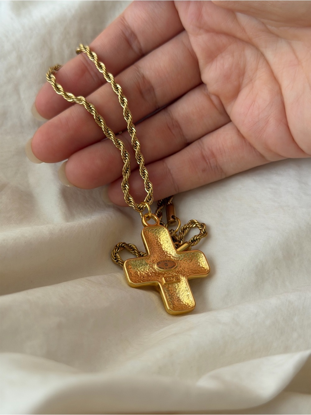 Gold Chanel Cross CC Pendant Necklace with Pearl Center - Picture 8 of 17